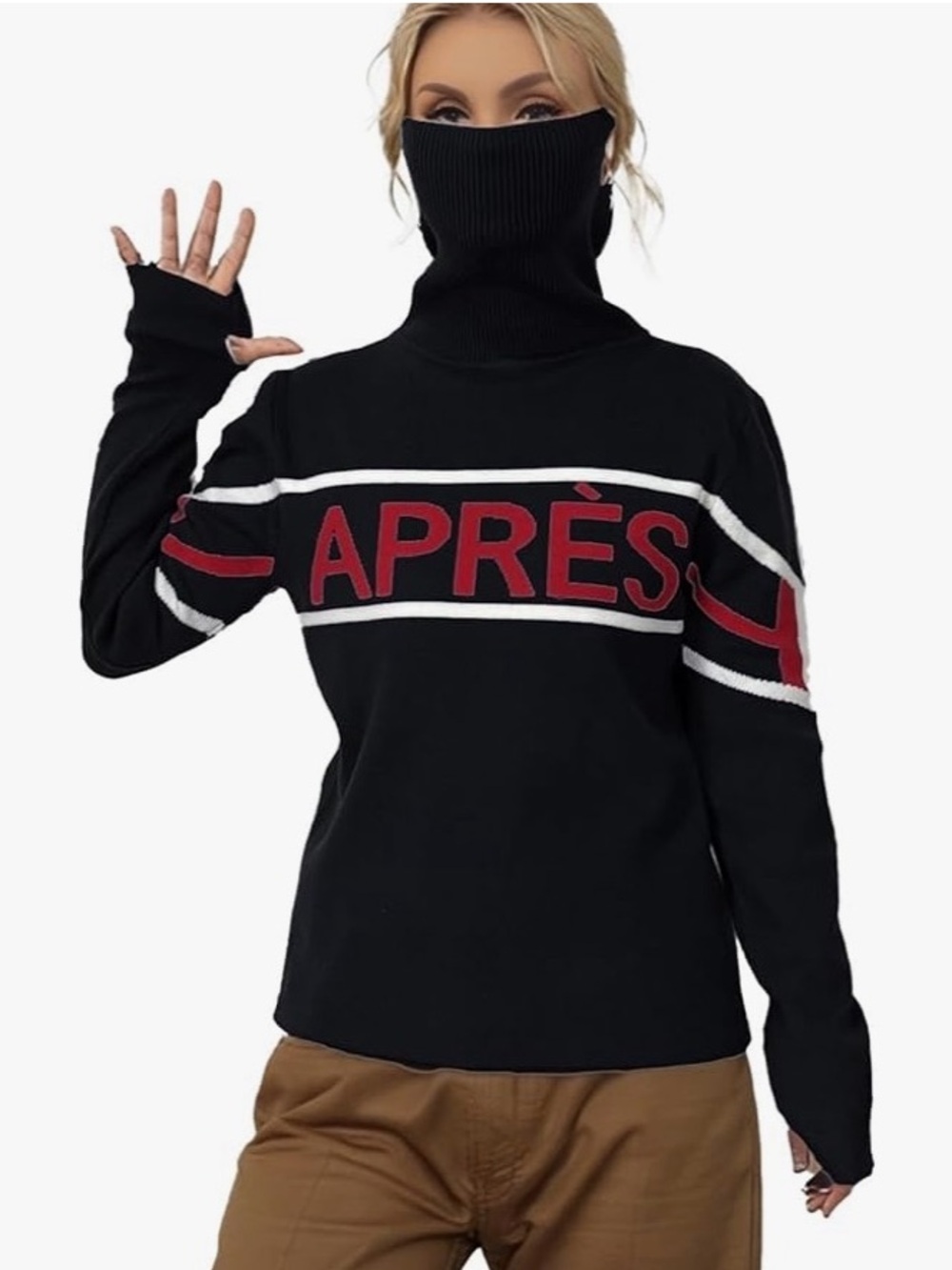 🔥 NWT APRES black with white/red accent turtleneck ski sweater size S.